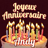 A Happy Birthday GIF in French featuring a festive birthday cake adorned with bright candles and the glowing text 'Joyeux Anniversaire Andy' in a cheerful style.