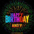 A colorful animated GIF featuring the text 'Happy Birthday Andy!' in rainbow colors with a dynamic iridescent firework display in the background.