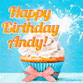 A cheerful animated GIF of a cupcake with creamy frosting, a red checkered ribbon, and a bright sparkler on top. The text 'Happy Birthday Andy!' is displayed in vibrant orange and red.