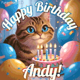 A playful tabby cat sits behind a colorful birthday cake surrounded by balloons and confetti, with 'Happy Birthday Andy!' written above in festive letters.