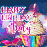 A festive animated GIF featuring a colorful cupcake with a single lit candle, sprinkles, and 'Happy Birthday Andy' text against a sparkling, celebratory background.