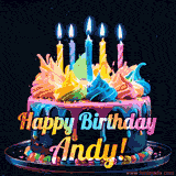 A vibrant animated GIF featuring a colorful rotating birthday cake with bright frosting swirls, glowing candles, and the text 'Happy Birthday Andy!' in rainbow colors.