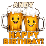 Animated GIF with name Andy featuring two smiling beer mugs with frothy tops, toasting in celebration. The text reads 'Andy, Happy Birthday!' in bold letters.