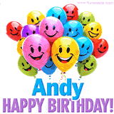 An animated birthday-themed name GIF with colorful smiling balloons and bold 'Andy, Happy Birthday!' text for a celebratory touch.
