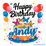 A personalized birthday graphic with balloons, flying butterflies, and a decorated cake on a blue plate for Andy.
