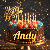 A chocolate drip birthday cake on a stand with colorful frosting and lit candles, featuring the name Andy in glowing yellow letters.