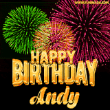 A captivating GIF with bursts of green, pink, and orange fireworks lighting up the night sky, accompanied by 'Happy Birthday Andy' in glowing golden text.