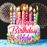 A lively happy birthday animated GIF showcasing a colorful birthday cake covered in sprinkles, topped with glowing candles, and surrounded by vibrant fireworks. The name 'Andy' is featured in elegant script.