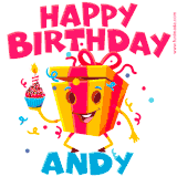 A funny animated birthday GIF with the words 'Happy Birthday Andya', colorful gift box with arms and legs, holding a cupcake with a lit candle  with confetti everywhere.