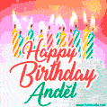 Bright birthday candles with rainbow flames on a cake, alongside the text 'Happy Birthday Andĕl' in vibrant script in this celebratory animated GIF.