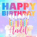 A vibrant animated name GIF with the words 'Happy Birthday Andĕl' with colorful candles on a creamy cake. The background sparkles with pastel shades, adding a festive touch.