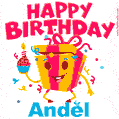 A vibrant and funny gift box character with a happy face dancing with a cupcake and the text 'Happy Birthday Andĕl,' surrounded by animated confetti and party vibes.