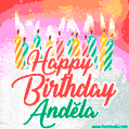 Bright birthday candles with rainbow flames on a cake, alongside the text 'Happy Birthday Andĕla' in vibrant script in this celebratory animated GIF.