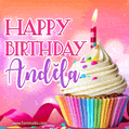 A vibrant birthday GIF featuring a rainbow-colored cupcake topped with white frosting, sprinkles, and a lit candle. The text reads 'Happy Birthday Andĕla' in bold pink and violet letters with white outline.