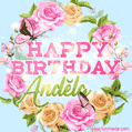 A charming animated GIF featuring 'Happy Birthday Andĕla' in pink and green text, surrounded by delicate roses, leaves, and fluttering butterflies on a soft light blue pastel background.