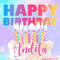 A vibrant animated name GIF with the words 'Happy Birthday Andĕla' with colorful candles on a creamy cake. The background sparkles with pastel shades, adding a festive touch.
