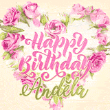 A stunning heart made of pink roses surrounds the elegant script text 'Happy Birthday Andĕla' on a soft beige background. Animated sparkles add a magical and festive feel.