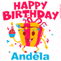 A vibrant and funny gift box character with a happy face dancing with a cupcake and the text 'Happy Birthday Andĕla,' surrounded by animated confetti and party vibes.