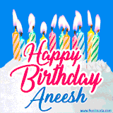 A cheerful animated GIF featuring colorful lit birthday candles on a white cake, with the text 'Happy Birthday Aneesh' in bold red and blue script on a bright blue background.