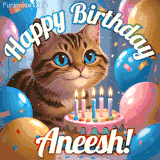 A playful tabby cat sits behind a colorful birthday cake surrounded by balloons and confetti, with 'Happy Birthday Aneesh!' written above in festive letters.