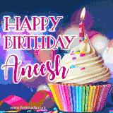A festive animated GIF featuring a colorful cupcake with a single lit candle, sprinkles, and 'Happy Birthday Aneesh' text against a sparkling, celebratory background.