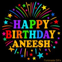 Vibrant animated GIF with 'Happy Birthday Aneesh' in rainbow-colored text, surrounded by colorful stars and fireworks on a black background.