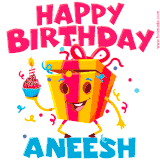 A funny animated birthday GIF with the words 'Happy Birthday Aneesha', colorful gift box with arms and legs, holding a cupcake with a lit candle  with confetti everywhere.