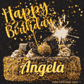 Celebrate Angela's birthday with a GIF featuring chocolate cake, a lit sparkler, and golden stars