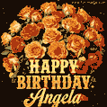 Beautiful bouquet of orange and red roses for Angela, golden inscription and twinkling stars
