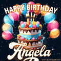 Hand-drawn happy birthday cake adorned with an arch of colorful balloons - name GIF for Angela
