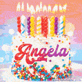 Personalized for Angela elegant birthday cake adorned with rainbow sprinkles, colorful candles and glitter
