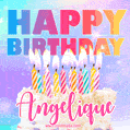Animated Happy Birthday Cake with Name Angelique and Burning Candles