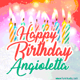 Bright birthday candles with rainbow flames on a cake, alongside the text 'Happy Birthday Angioletta' in vibrant script in this celebratory animated GIF.