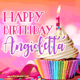 A vibrant birthday GIF featuring a rainbow-colored cupcake topped with white frosting, sprinkles, and a lit candle. The text reads 'Happy Birthday Angioletta' in bold pink and violet letters with white outline.