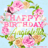 A charming animated GIF featuring 'Happy Birthday Angioletta' in pink and green text, surrounded by delicate roses, leaves, and fluttering butterflies on a soft light blue pastel background.