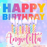 A vibrant animated name GIF with the words 'Happy Birthday Angioletta' with colorful candles on a creamy cake. The background sparkles with pastel shades, adding a festive touch.