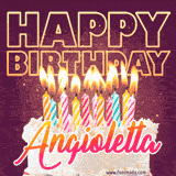 A colorful birthday cake topped with lit candles, with the words 'Happy Birthday Angioletta' in bold glowing letters on a burgundy background. Animated flames add a festive touch.