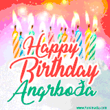 Bright birthday candles with rainbow flames on a cake, alongside the text 'Happy Birthday Angrboða' in vibrant script in this celebratory animated GIF.