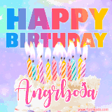 A vibrant animated name GIF with the words 'Happy Birthday Angrboða' with colorful candles on a creamy cake. The background sparkles with pastel shades, adding a festive touch.