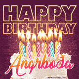A colorful birthday cake topped with lit candles, with the words 'Happy Birthday Angrboða' in bold glowing letters on a burgundy background. Animated flames add a festive touch.