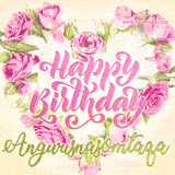 A stunning heart made of pink roses surrounds the elegant script text 'Happy Birthday Angwusnasomtaqa' on a soft beige background. Animated sparkles add a magical and festive feel.
