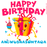 A vibrant and funny gift box character with a happy face dancing with a cupcake and the text 'Happy Birthday Angwusnasomtaqa,' surrounded by animated confetti and party vibes.