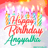 Bright birthday candles with rainbow flames on a cake, alongside the text 'Happy Birthday Angyalka' in vibrant script in this celebratory animated GIF.