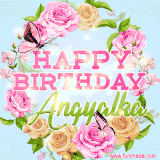 A charming animated GIF featuring 'Happy Birthday Angyalka' in pink and green text, surrounded by delicate roses, leaves, and fluttering butterflies on a soft light blue pastel background.