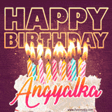 A colorful birthday cake topped with lit candles, with the words 'Happy Birthday Angyalka' in bold glowing letters on a burgundy background. Animated flames add a festive touch.