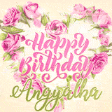 A stunning heart made of pink roses surrounds the elegant script text 'Happy Birthday Angyalka' on a soft beige background. Animated sparkles add a magical and festive feel.