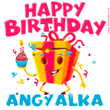 A vibrant and funny gift box character with a happy face dancing with a cupcake and the text 'Happy Birthday Angyalka,' surrounded by animated confetti and party vibes.