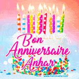 A white birthday cake covered in colorful sprinkles, topped with bright candles, and French text 'Bon Anniversaire Anhar' on a pastel gradient background in an animated GIF.