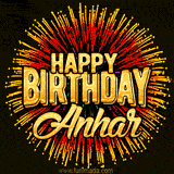 Golden 'Happy Birthday Anhar' text accompanied by animated rainbow fireworks for a festive animated greeting.
