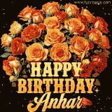 Animated bouquet of orange roses with moving butterfles and golden 'Happy Birthday Anhar' text, surrounded by sparkling accents and a dark backdrop for a luxurious feel.
